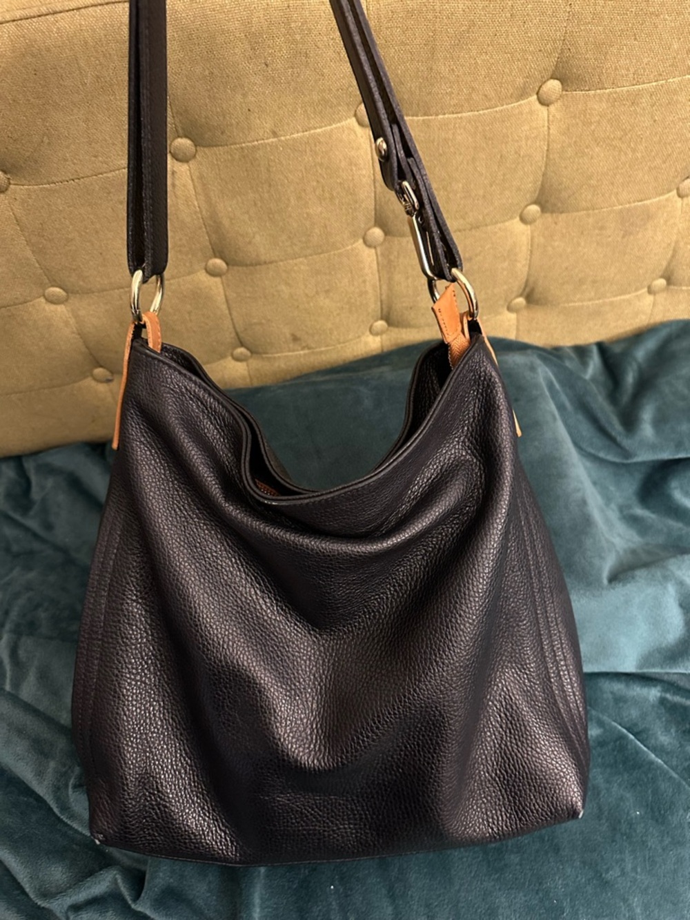 Valentina Black Pebbled Leather Shoulder Bag with Tan Accents - Picture 2 of 16